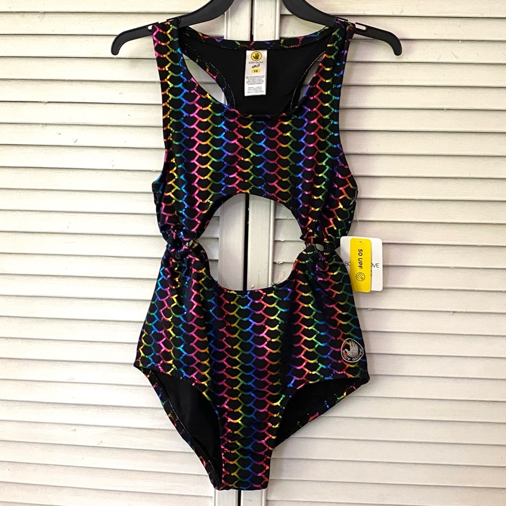 Body Glove Swimsuit Girls size 10 Rainbow Scale Cutout One-Piece Black Multi NWT - Picture 2 of 10